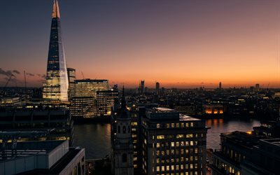 The Shard, London, skyskrapa, kv&#228;ll, sunset, business center, London skyskrapor, London staden, England, F&#246;renade Kungariket