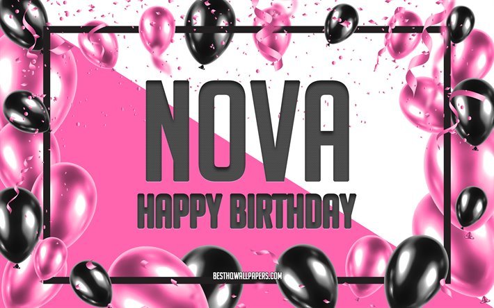 Happy Birthday Nova, Birthday Balloons Background, Nova, wallpapers with names, Nova Happy Birthday, Pink Balloons Birthday Background, greeting card, Nova Birthday