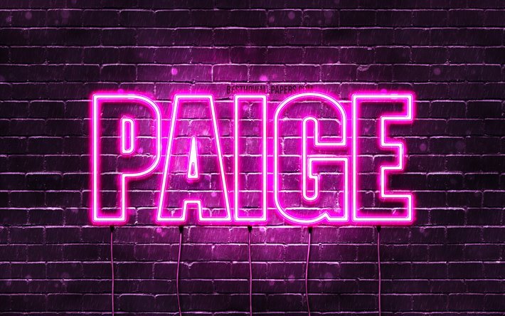 Paige, 4k, wallpapers with names, female names, Paige name, purple neon lights, horizontal text, picture with Paige name
