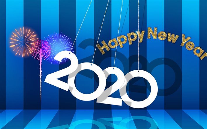 Happy New Year 2020, Blue 2020 background, lines, fireworks, 2020 concepts, 2020 New Year
