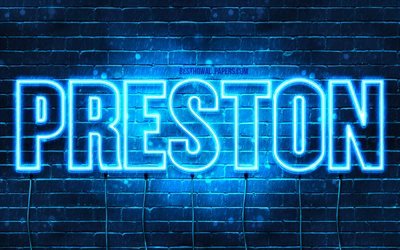 Preston, 4k, sfondi per il desktop con i nomi, il testo orizzontale, Preston nome, neon blu, immagine con nome Preston