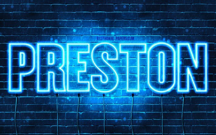 Preston, 4k, taustakuvia nimet, vaakasuuntainen teksti, Preston nimi, blue neon valot, kuva Preston nimi