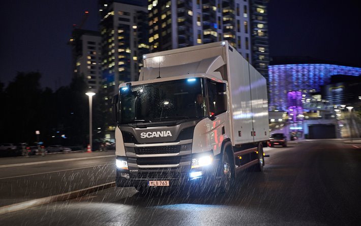 4k, Scania P220, night, 2019 trucks, LKW, P-series, truck in the rain, cargo transport, 2019 Scania P220, trucks, Scania