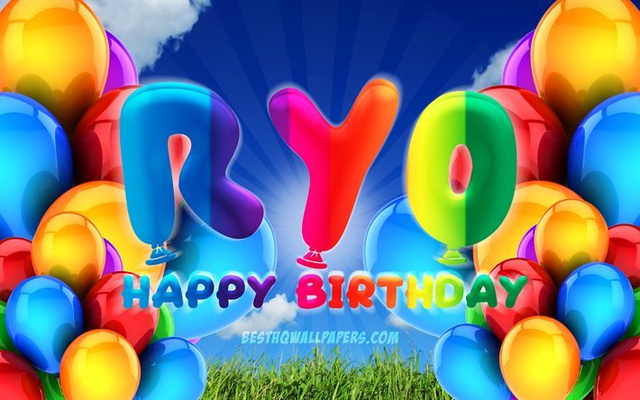 Ryo Happy Birthday, 4k, cloudy sky background, Birthday Party, colorful ballons, Ryo name, Happy Birthday Ryo, Birthday concept, Ryo Birthday, Ryo