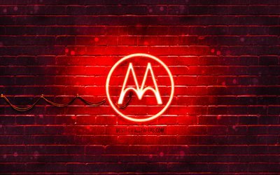 Motorola red logo, 4k, red brickwall, Motorola logo, brands, Motorola neon logo, Motorola
