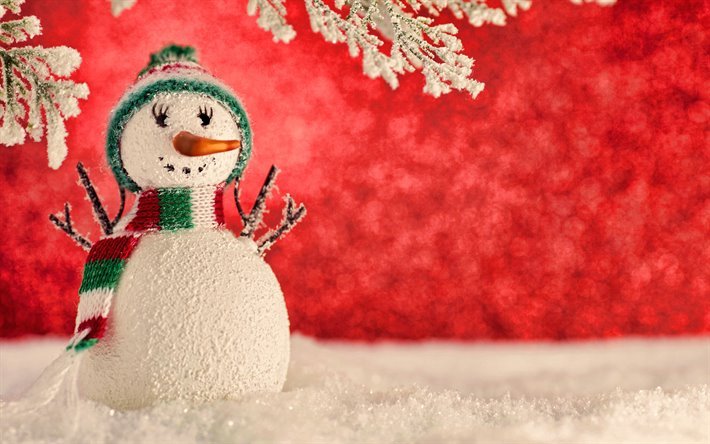 lumiukko, 4k, joulukoristeet, talvi, xmas taustat, joulu k&#228;sitteit&#228;, hyv&#228;&#228; uutta vuotta, lumiukkoja, xmas koristeet, tausta lumiukko