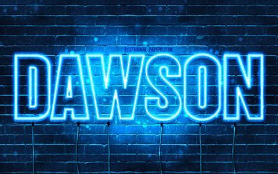 Dawson, 4k, wallpapers with names, horizontal text, Dawson name, blue neon lights, picture with Dawson name