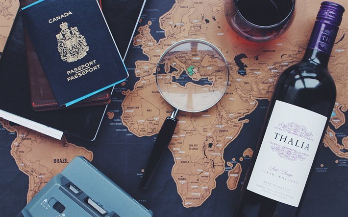 Viajes a Grecia, mapa del mundo, los conceptos de viaje, lupa, vino griego, Grecia, botella de vino