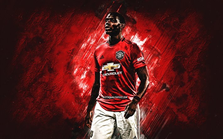 Paul Pogba, Manchester United FC, Ranskalainen jalkapalloilija, muotokuva, punainen kivi tausta, jalkapallo, Premier League