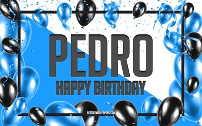 お誕生日おめでペドロ, お誕生日の風船の背景, ペドロ, 壁紙名, ペドロHappy Birthday, 青球誕生の背景, ご挨拶カード, ペドロの誕生日