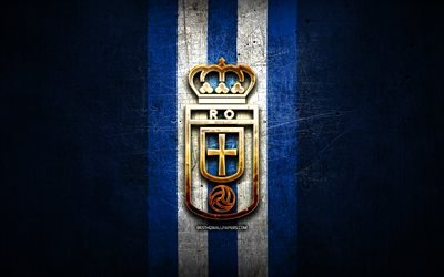 Real Oviedo FC, golden logo, La Liga 2, blue metal background, football, Real Oviedo, spanish football club, Real Oviedo logo, soccer, LaLiga 2, Spain