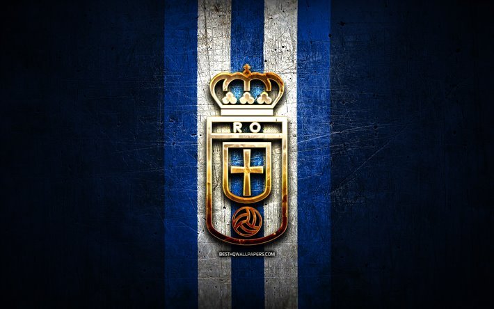 2 2 Real Oviedo FC, altın logo, UEFA Şampiyonlar Ligi, mavi metal arka plan, futbol, Real Oviedo, İspanyol Futbol Kul&#252;b&#252; Real Oviedo logo, LaLiga, İspanya