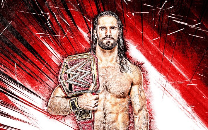 Seth Rollins, WWE, grunge art, american wrestlers, wrestling, red abstract rays, Colby Lopez, wrestlers