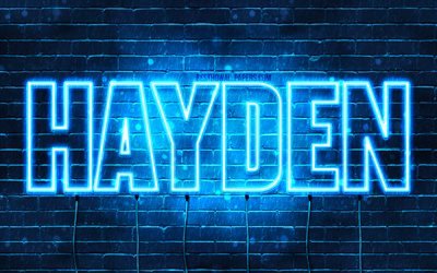 Hayden, 4k, sfondi per il desktop con i nomi, il testo orizzontale, Hayden nome, neon blu, foto con Hayden nome