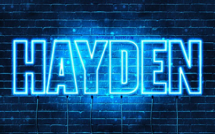 Hayden, 4k, taustakuvia nimet, vaakasuuntainen teksti, Hayden nimi, blue neon valot, kuva Hayden nimi