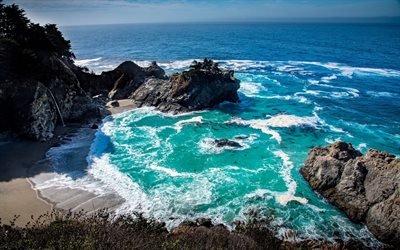 ocean, coast, cliffs, waterfall, waves, bay, California, USA