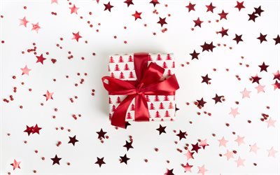 bir hediye ile kırmızı ipek yay, Mutlu Yeni Yıl, Noel beyaz hediye kutusu, hediyeler, beyaz arka plan