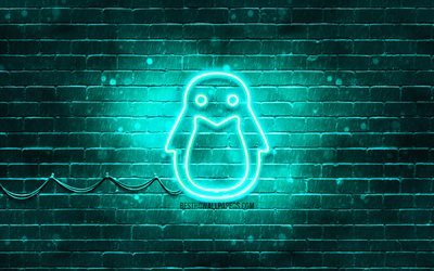 Linux turquoise logo, 4k, turquoise brickwall, logo Linux, cr&#233;atif, Linux n&#233;on logo, Linux