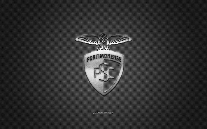 Portimonense SC, Portuguese football club, Primeira Liga, silver logo, gray carbon fiber background, football, Portimao, Portugal, Portimonense SC logo