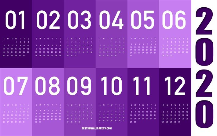 Purple 2020 Calendar, Purple abstraction, all months 2020, calendar 2020 all months, Purple paper art, 2020 Calendar