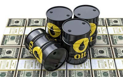 Petrolio, dollari, 3D barili di petrolio, delle finanze, del prezzo del petrolio, concetti, affari, 3d dollari americani