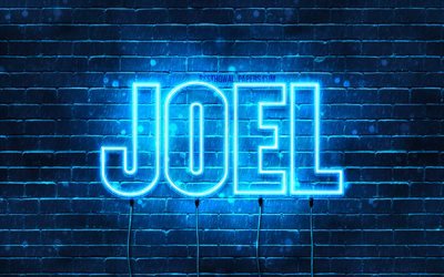 Joel, 4k, fondos de pantalla con los nombres, el texto horizontal, Joel nombre, luces azules de ne&#243;n, de la imagen con el nombre Joel