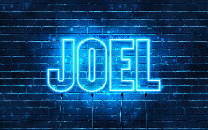 Joel, 4k, taustakuvia nimet, vaakasuuntainen teksti, Joel nimi, blue neon valot, kuva Joel nimi