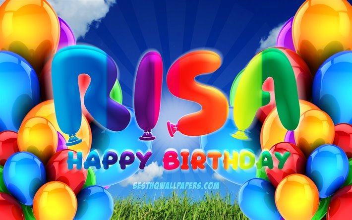 ～お誕生日おめで, 4k, 曇天の背景, 女性の名前, 誕生パーティー, カラフルなballons, Risa名, お誕生日おめでRisa, 誕生日プ, Risa誕生日, お笑い