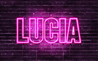 Lucia, 4k, wallpapers with names, female names, Lucia name, purple neon lights, horizontal text, picture with Lucia name