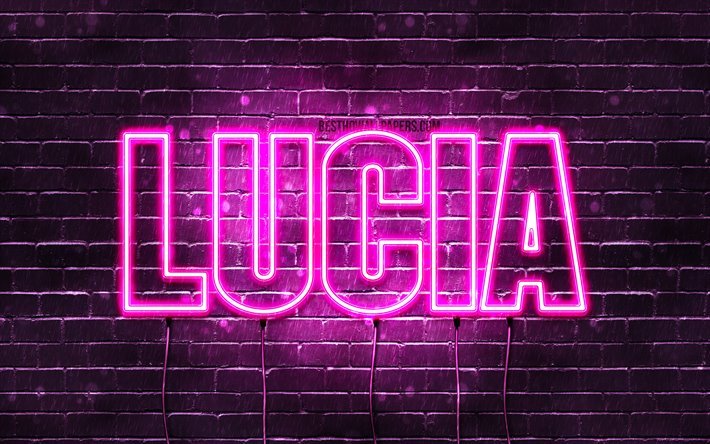 Lucia, 4k, taustakuvia nimet, naisten nimi&#228;, Nimi Lucia, violetti neon valot, vaakasuuntainen teksti, kuvan Lucia nimi