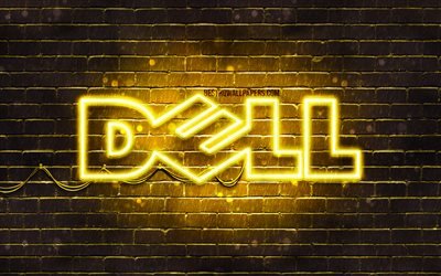 Dell yellow logo, 4k, yellow brickwall, Dell logo, brands, Dell neon logo, Dell