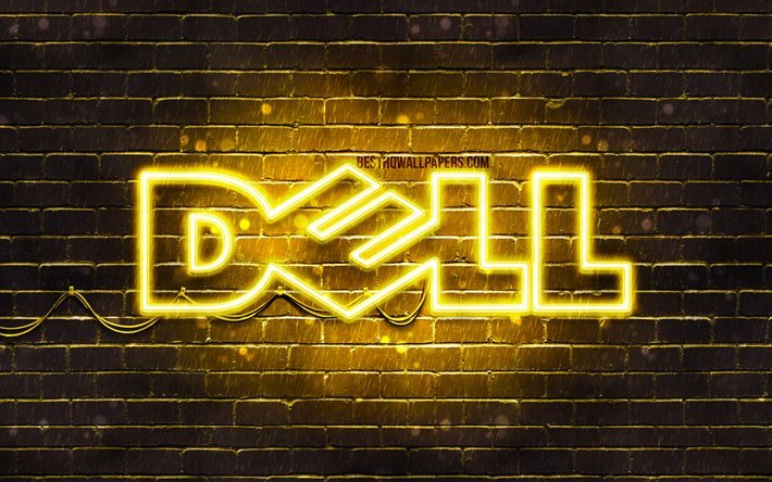 Dell黄ロゴ, 4k, 黄brickwall, デルマーク, ブランド, Dellネオンのロゴ, Dell