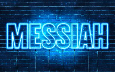 Messia, 4k, sfondi per il desktop con nomi, orizzontale del testo, il Messia nome, neon blu, l&#39;immagine con il nome del Messia