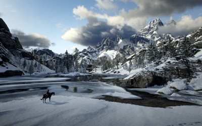 Red Dead Redemption 2, cartaz, materiais promocionais, 3d paisagem de montanha, A Rockstar Games