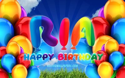 Ria Happy Birthday, 4k, cloudy sky background, female names, Birthday Party, colorful ballons, Ria name, Happy Birthday Ria, Birthday concept, Ria Birthday, Ria
