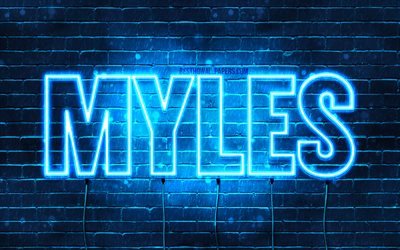 Myles, 4k, les papiers peints avec les noms, le texte horizontal, Myles nom, bleu n&#233;on, photo avec Myles nom