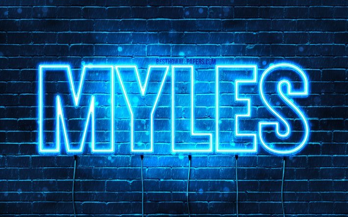 Myles, 4k, les papiers peints avec les noms, le texte horizontal, Myles nom, bleu n&#233;on, photo avec Myles nom
