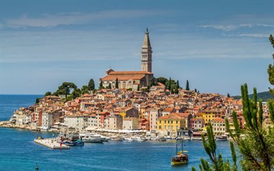 Rovigno, Torre di guardia, Estate, mare Adriatico, costa, paesaggio marino, penisola di Istria, Croazia, Mar Mediterraneo