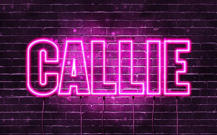 Callie, 4k, wallpapers with names, female names, Callie name, purple neon lights, horizontal text, picture with Callie name