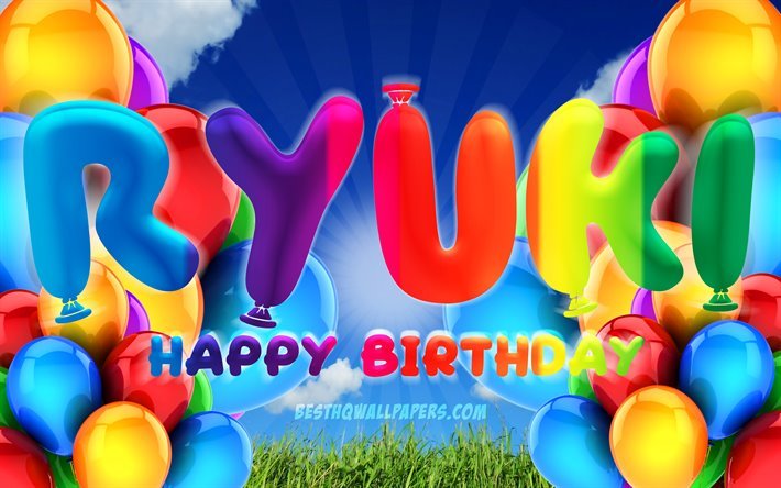 Ryuki عيد ميلاد سعيد, 4k, سماء غائمة الخلفية, عيد ميلاد, بالونات ملونة, Ryuki اسم, عيد ميلاد سعيد Ryuki, عيد ميلاد مفهوم, Ryuki عيد ميلاد, Ryuki
