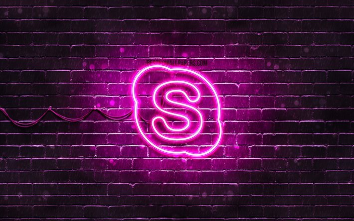 Skype purple logo, 4k, purple brickwall, Skype logo, brands, Skype neon logo, Skype