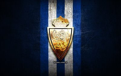real saragossa fc, golden logo, la liga 2, blau metall-hintergrund, fu&#223;ball, real saragossa den spanischen fu&#223;ball club real saragossa-logo, bundesliga, laliga 2, spanien