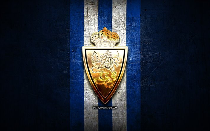 El Real Zaragoza FC, de oro logotipo de La Liga 2, de metal de color azul de fondo, el f&#250;tbol, el Real Zaragoza, club de f&#250;tbol espa&#241;ol, el Real Zaragoza logo, futbol, LaLiga 2, Espa&#241;a