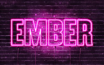 Ember, 4k, taustakuvia nimet, naisten nimi&#228;, Ember nimi, violetti neon valot, vaakasuuntainen teksti, kuva Ember nimi