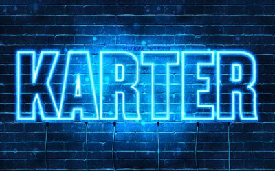 Karter, 4k, pap&#233;is de parede com os nomes de, texto horizontal, Karter nome, luzes de neon azuis, imagem com Karter nome