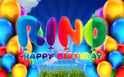 とりどりのお誕生日おめで, 4k, 曇天の背景, 女性の名前, 誕生パーティー, カラフルなballons, Rino名, お誕生日おめでとりどりの, 誕生日プ, Rino誕生日, Rino