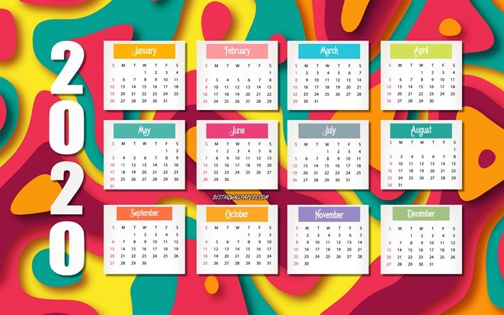 Sammanfattning 2020 kalender, 4k, ljusa f&#228;rgglada bakgrunden, 2020 begrepp, 2020 ska alla m&#229;nader i kalendern, 2020 Nytt &#197;r, 2020 kalender mall, abstrakt bakgrund