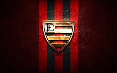 Oeste FC, golden logotyp, Serie B, red metal bakgrund, fotboll, West, brasiliansk fotboll club, Oeste logotyp, Brasilien