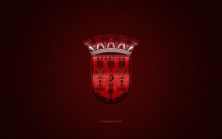 SC Braga, Portuguese football club, Primeira Liga, red logo, red carbon fiber background, football, Braga, Portugal, SC Braga logo