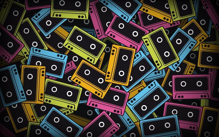 colorful cassettes, creative, music backgrounds, cassettes, retro cassettes, cassettes patterns